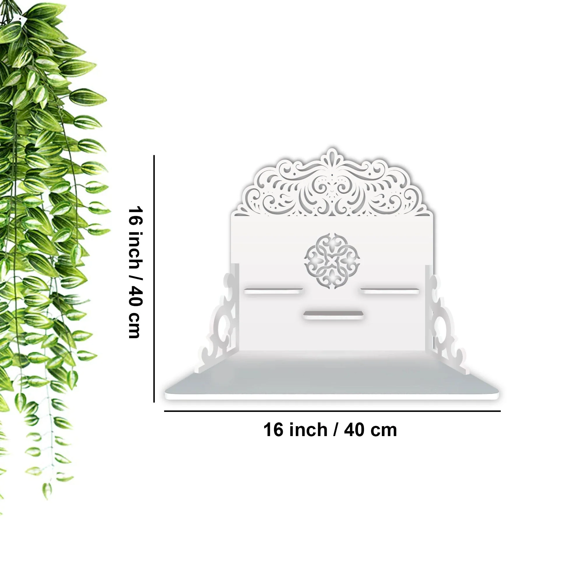 Designer Aesthetic Pattern Wall Hanging Wooden Temple/ Pooja Mandir Design with Shelf, White Color - Image 3