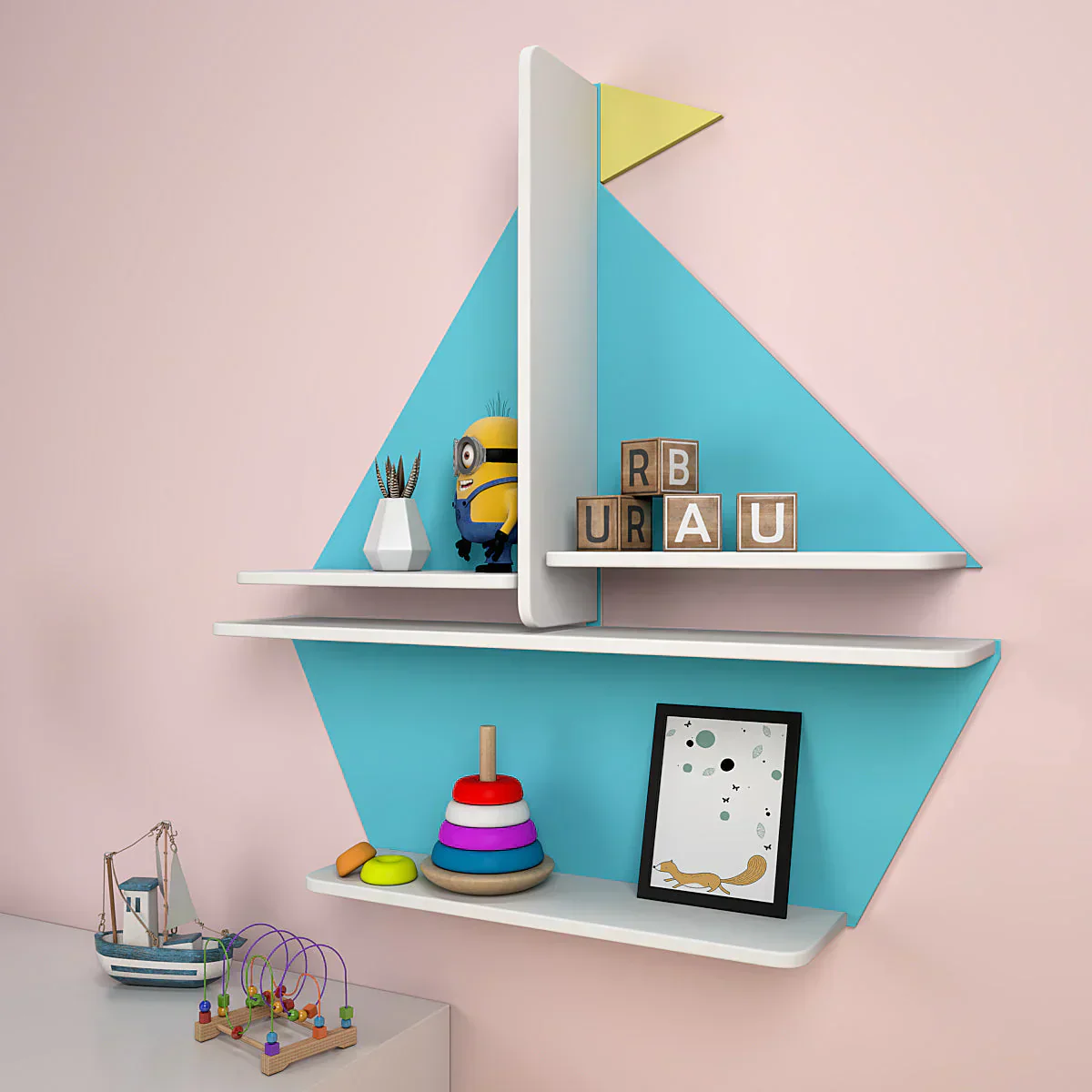 Designer Boat Shaped Blue Wooden Wall Shelf for Kids - Image 2