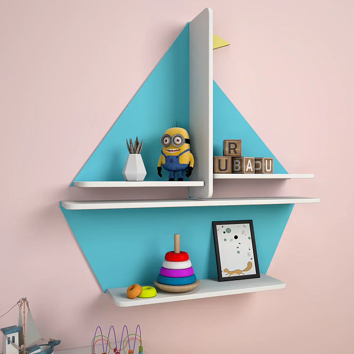 Designer Boat Shaped Blue Wooden Wall Shelf for Kids - Image 3