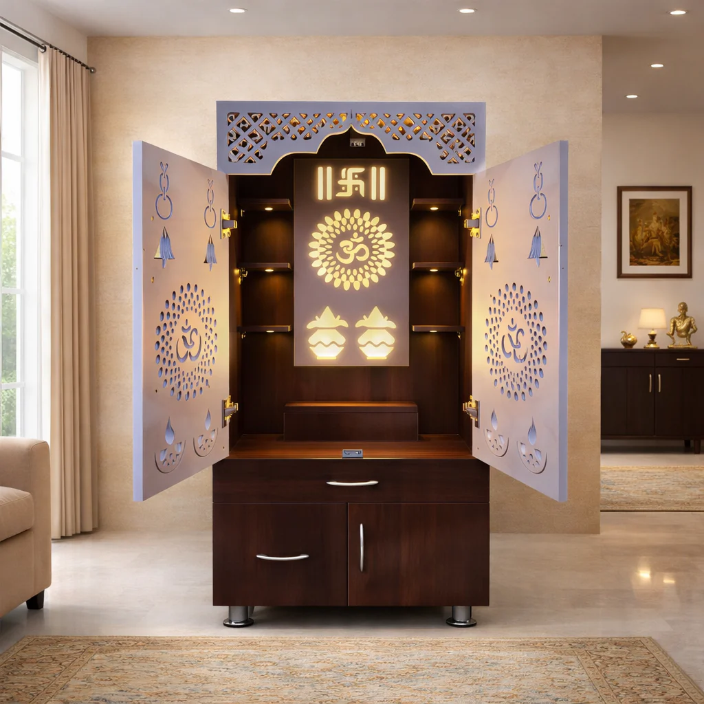 Designer Brown & White Wooden Temple with Swastik OM LED Back Panel & Spacious Storage Cabinet for Home & Office - Image 2