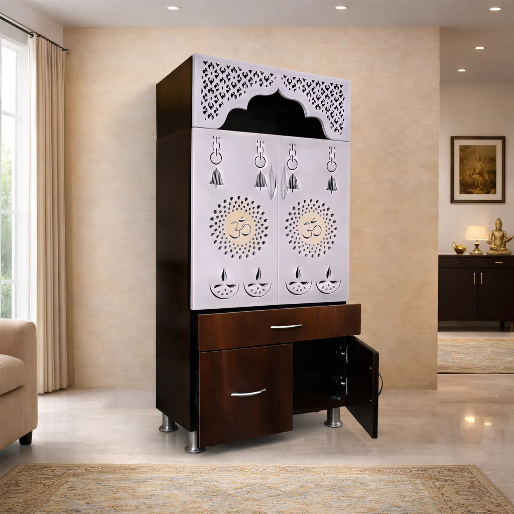 Designer Brown & White Wooden Temple with Swastik OM LED Back Panel & Spacious Storage Cabinet for Home & Office - Image 3