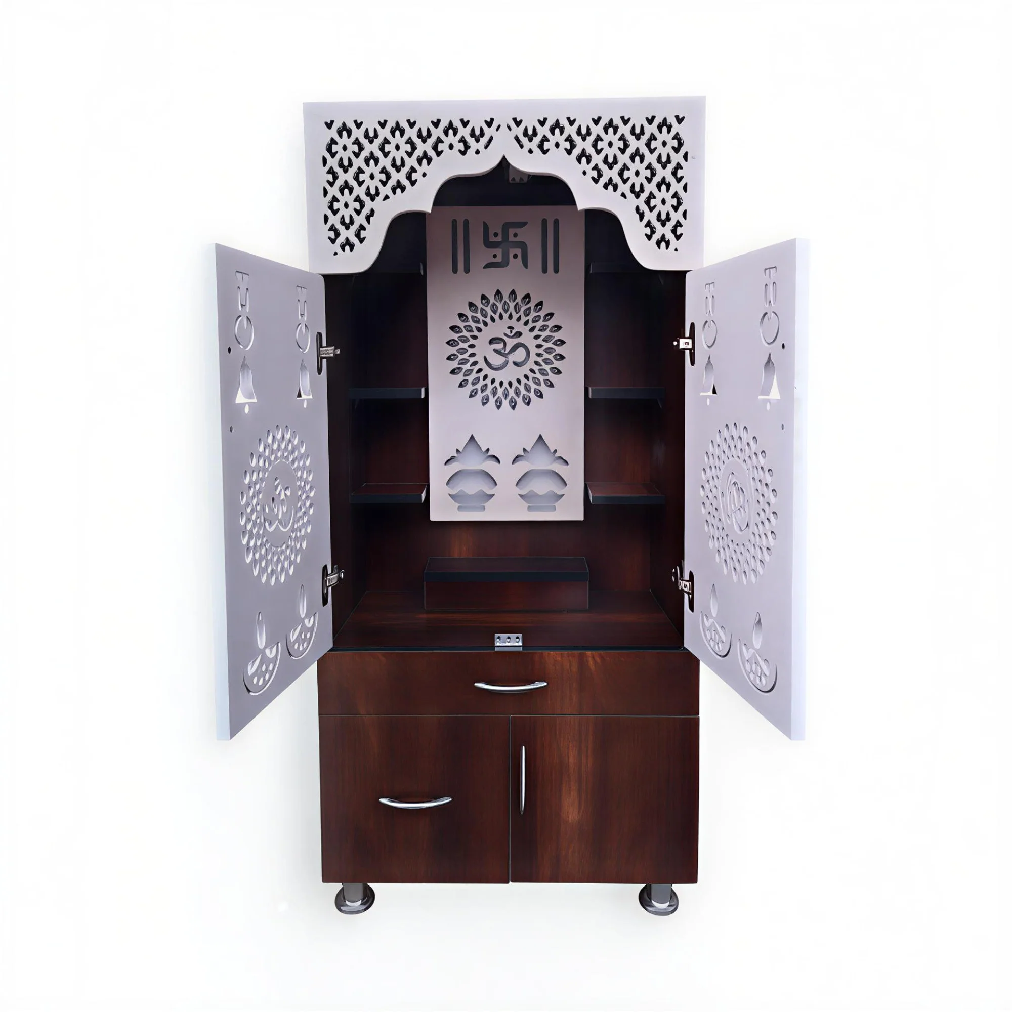 Designer Brown & White Wooden Temple with Swastik OM LED Back Panel & Spacious Storage Cabinet for Home & Office - Image 4