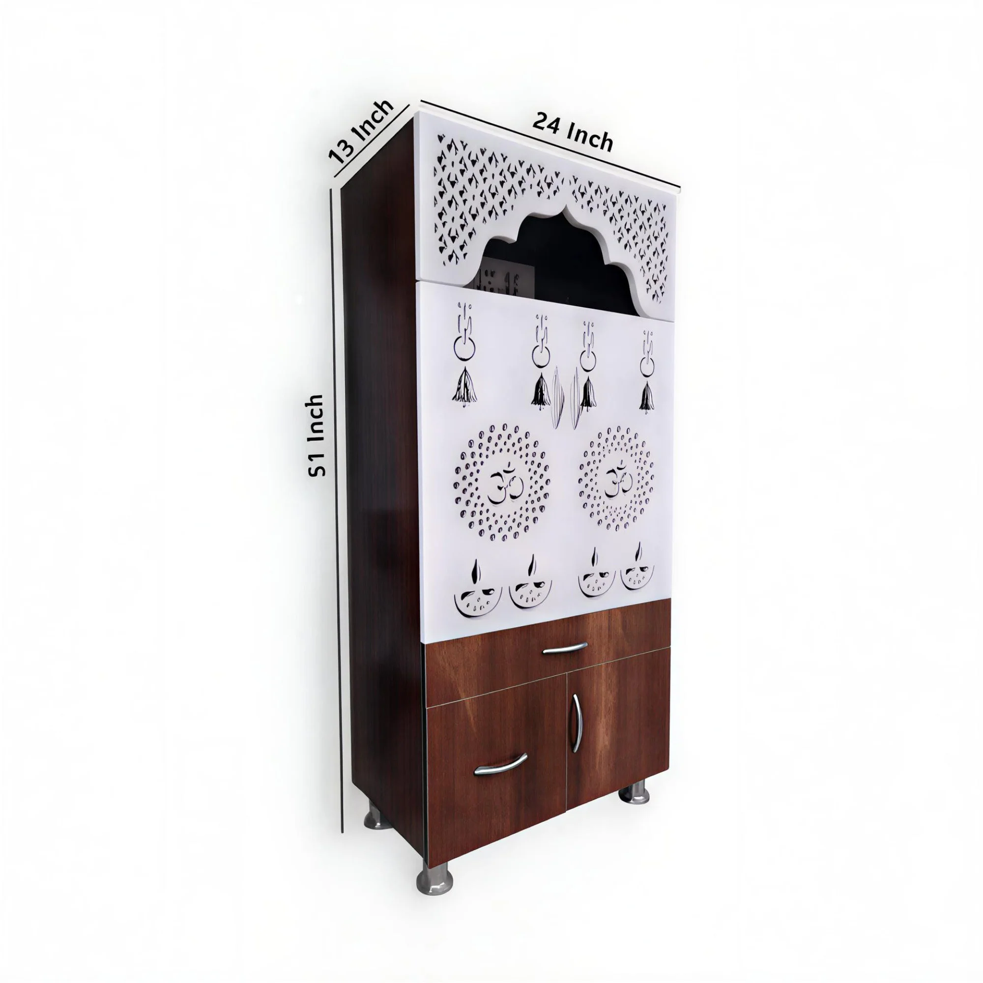 Designer Brown & White Wooden Temple with Swastik OM LED Back Panel & Spacious Storage Cabinet for Home & Office - Image 5