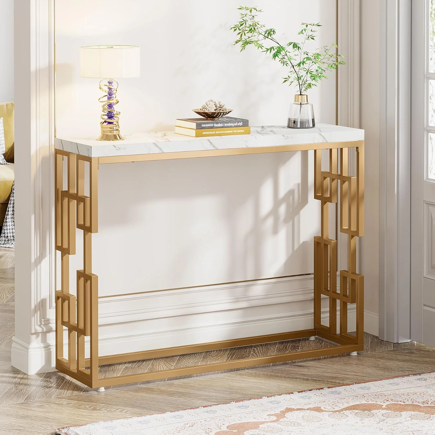 Designer Console Table with Unique Gold Frame and Marble Surface - Image 2