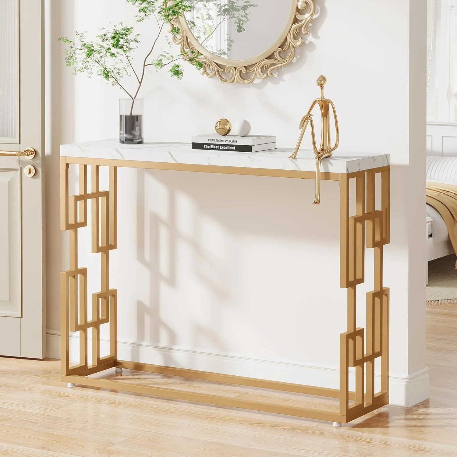 Designer Console Table with Unique Gold Frame and Marble Surface - Image 3