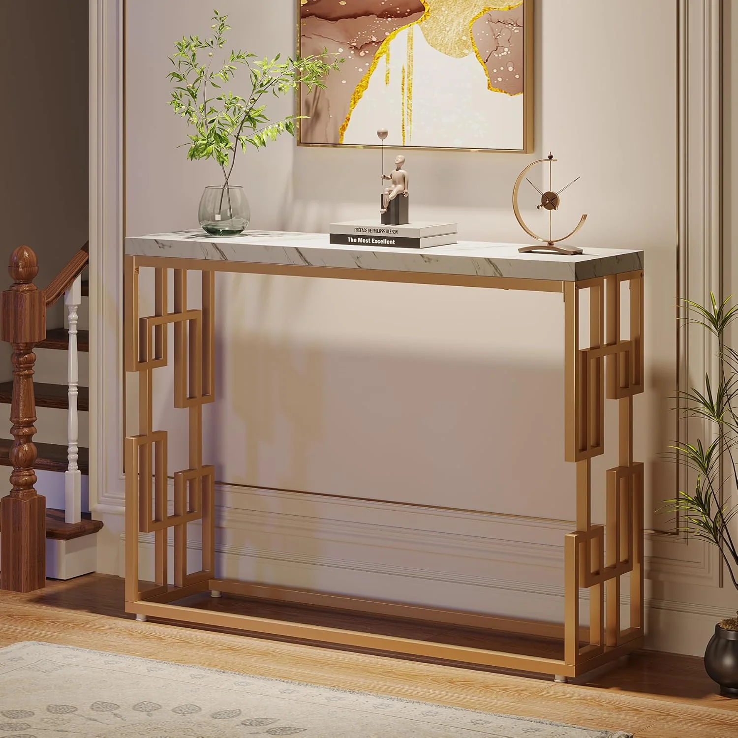Designer Console Table with Unique Gold Frame and Marble Surface - Image 5