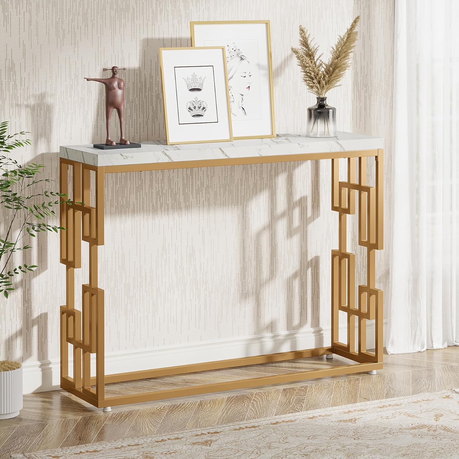 Designer Console Table with Unique Gold Frame and Marble Surface - Image 7