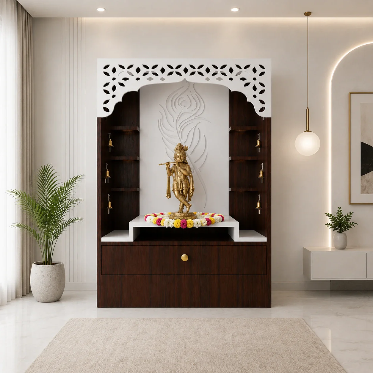 Designer Floor Pooja Mandir with LED Panel and Krishna Theme - Image 2