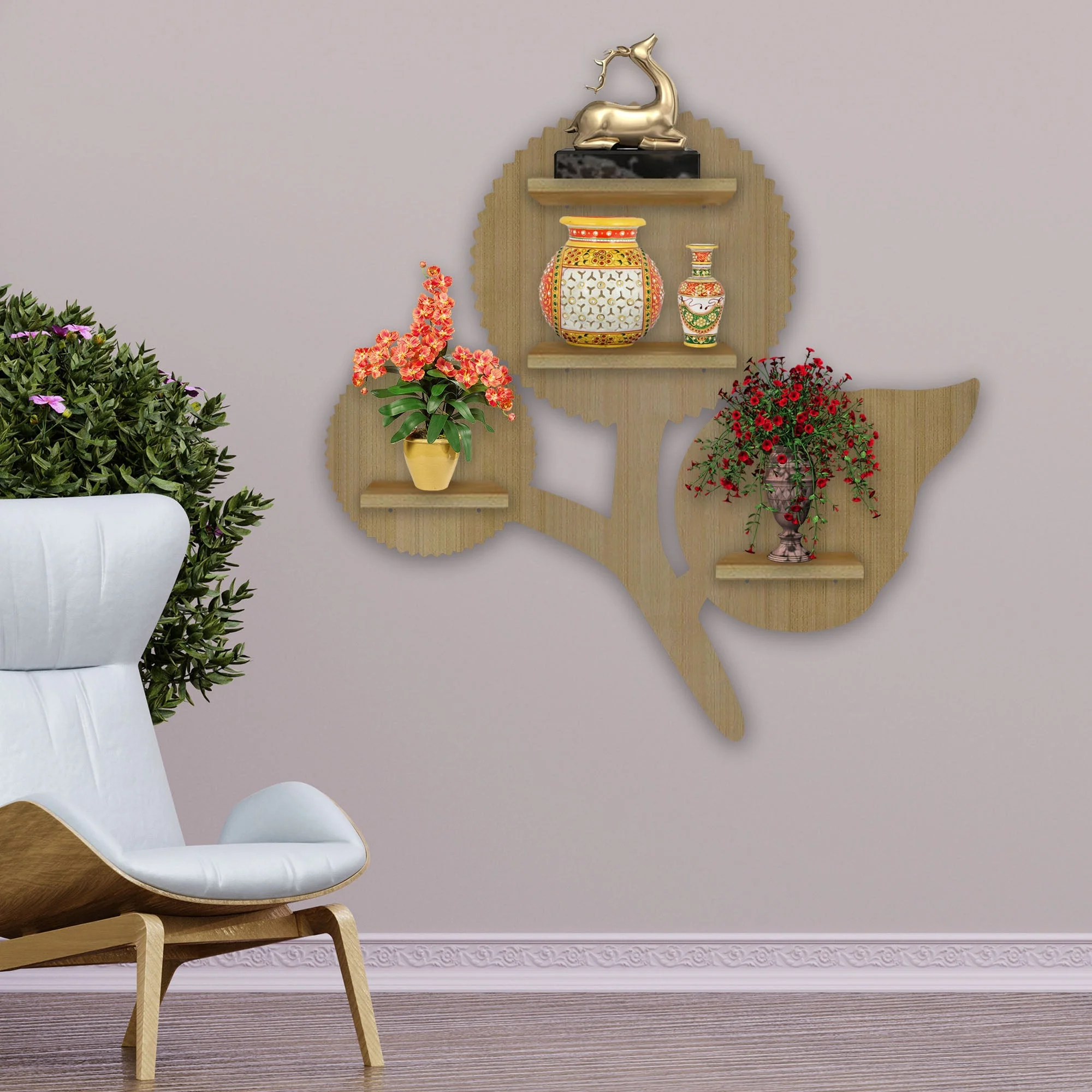 Designer Flower Shape Wooden LED Light Wall Shelf with Oak Finish - Image 2