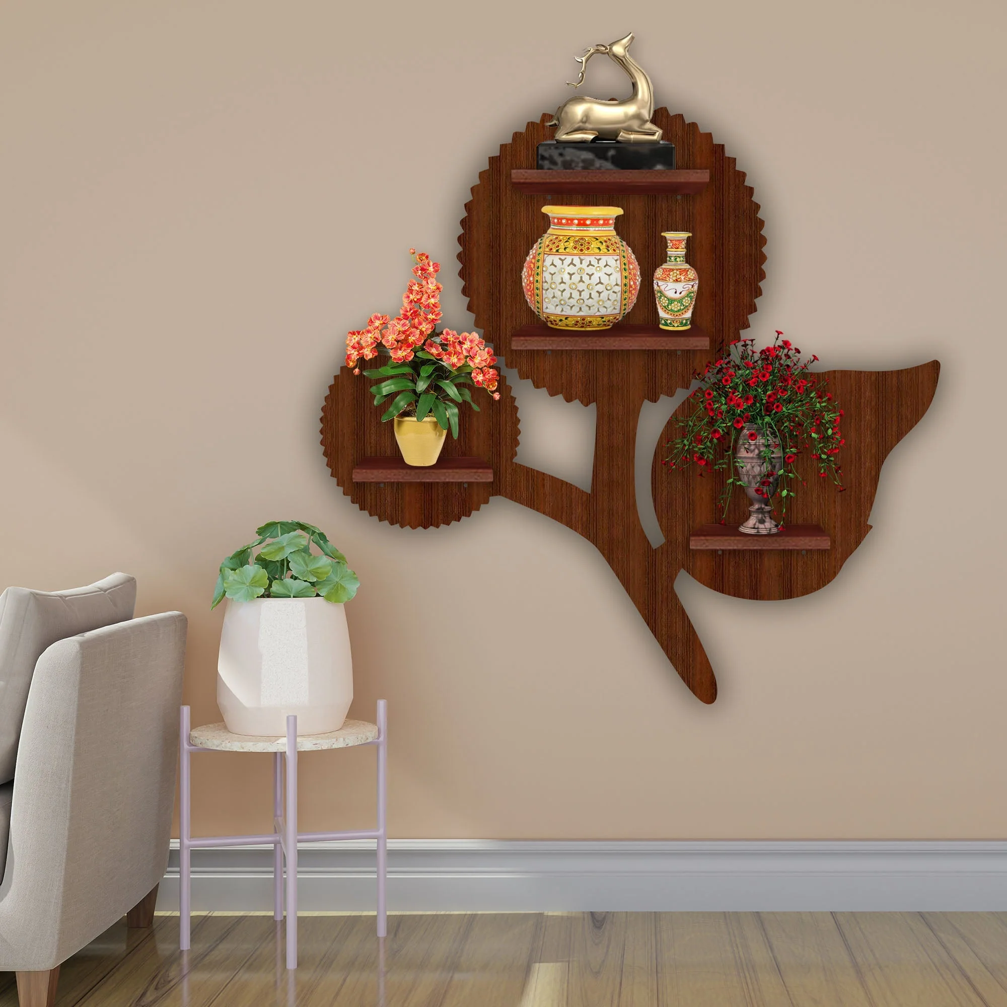 Designer Flower Shape Wooden LED Light Wall Shelf with Walnut Finish - Image 3