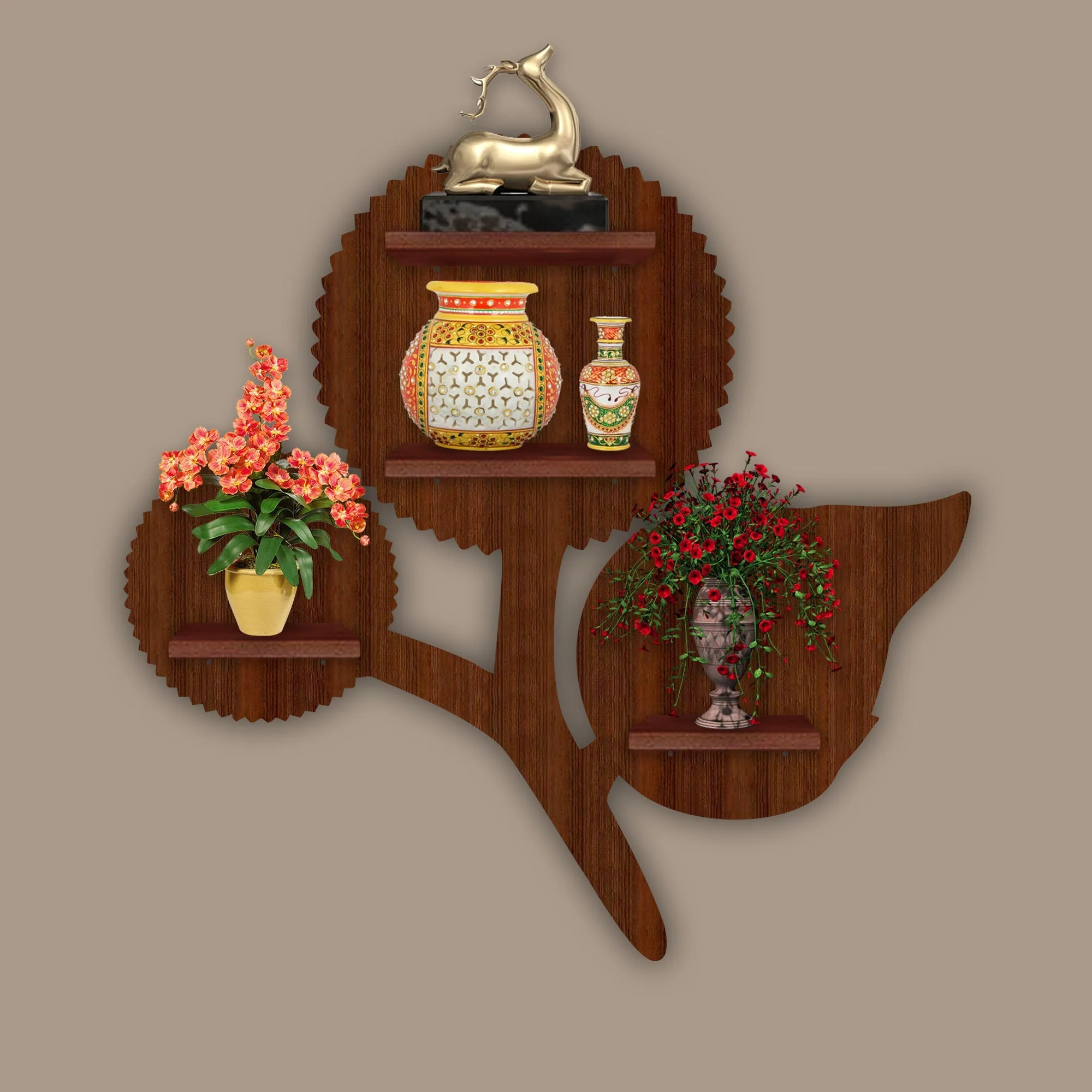 Designer Flower Shape Wooden LED Light Wall Shelf with Walnut Finish - Image 4