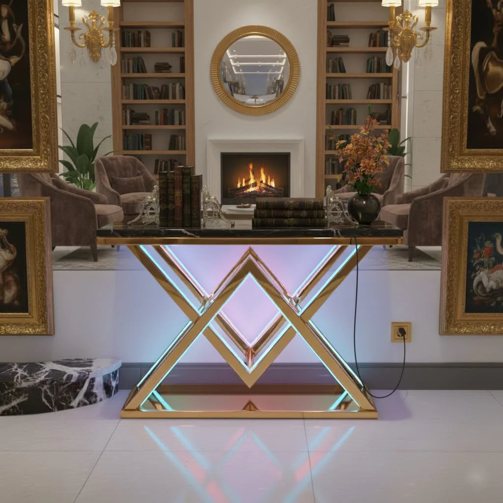 Designer Gold LED Console Table for Living Room Interiors (SS 302)
