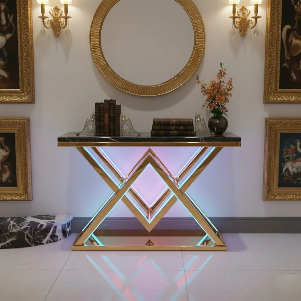 Designer Gold LED Console Table for Living Room Interiors (SS 302) - Image 4