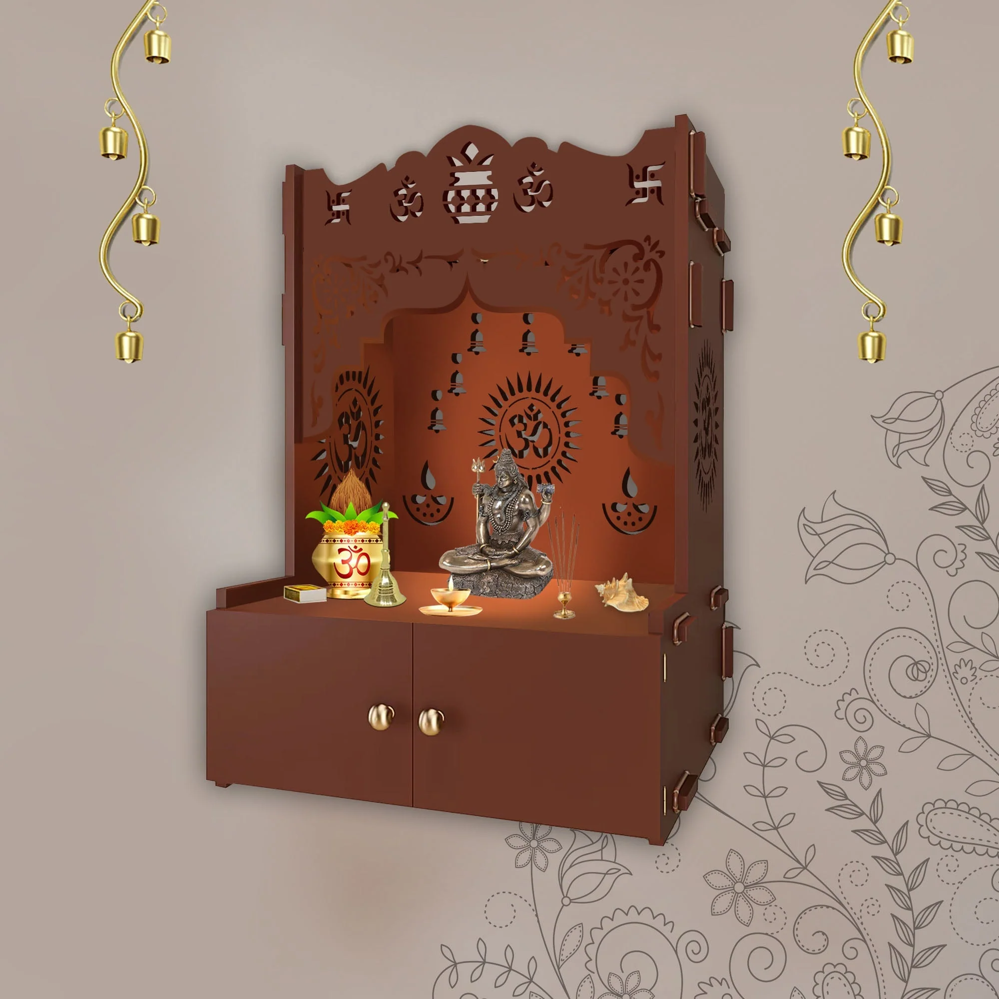 Designer Holy Symbol Om Brown Wood Temple with Inbuilt Focus Light & Spacious Shelf - Image 2