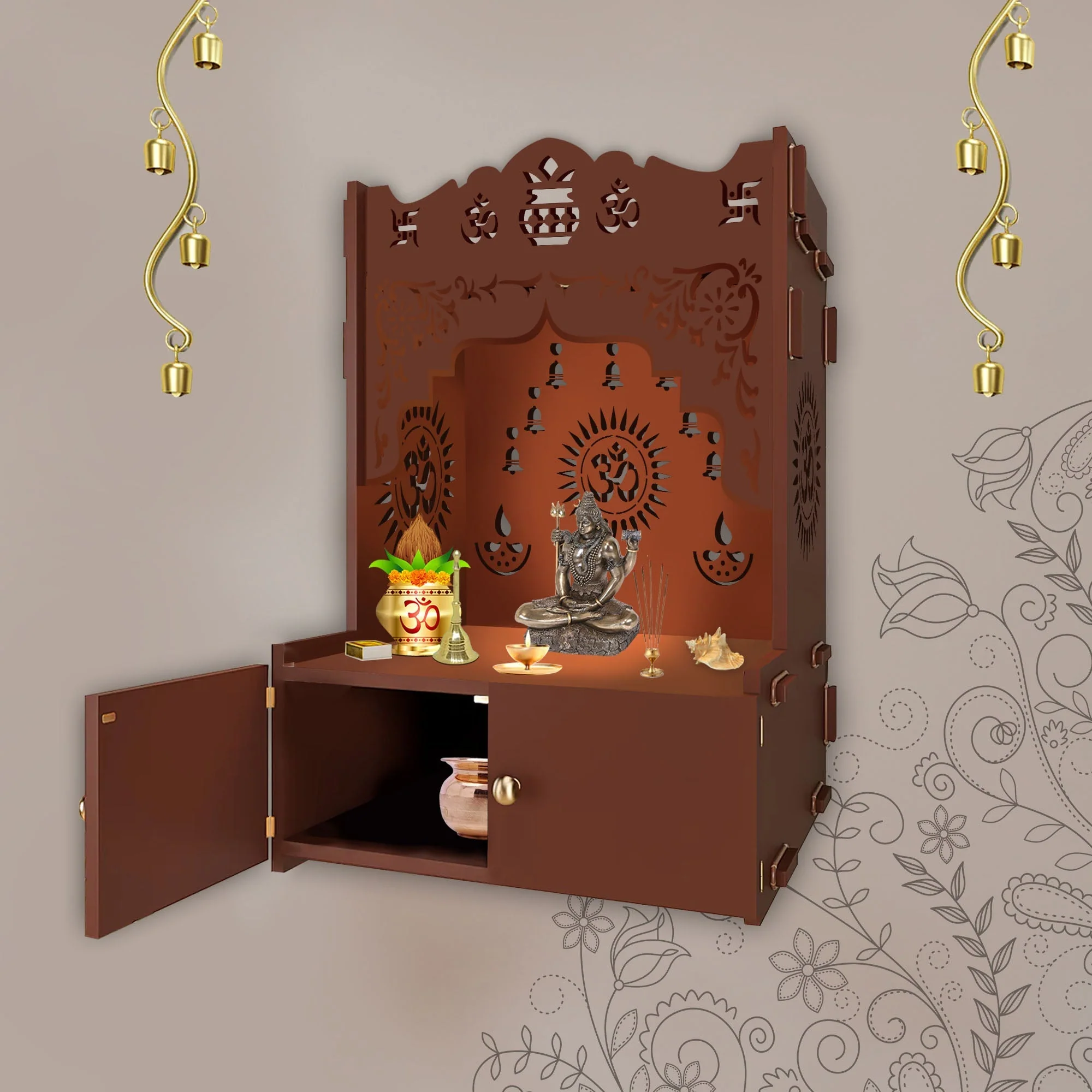 Designer Holy Symbol Om Brown Wood Temple with Inbuilt Focus Light & Spacious Shelf - Image 3