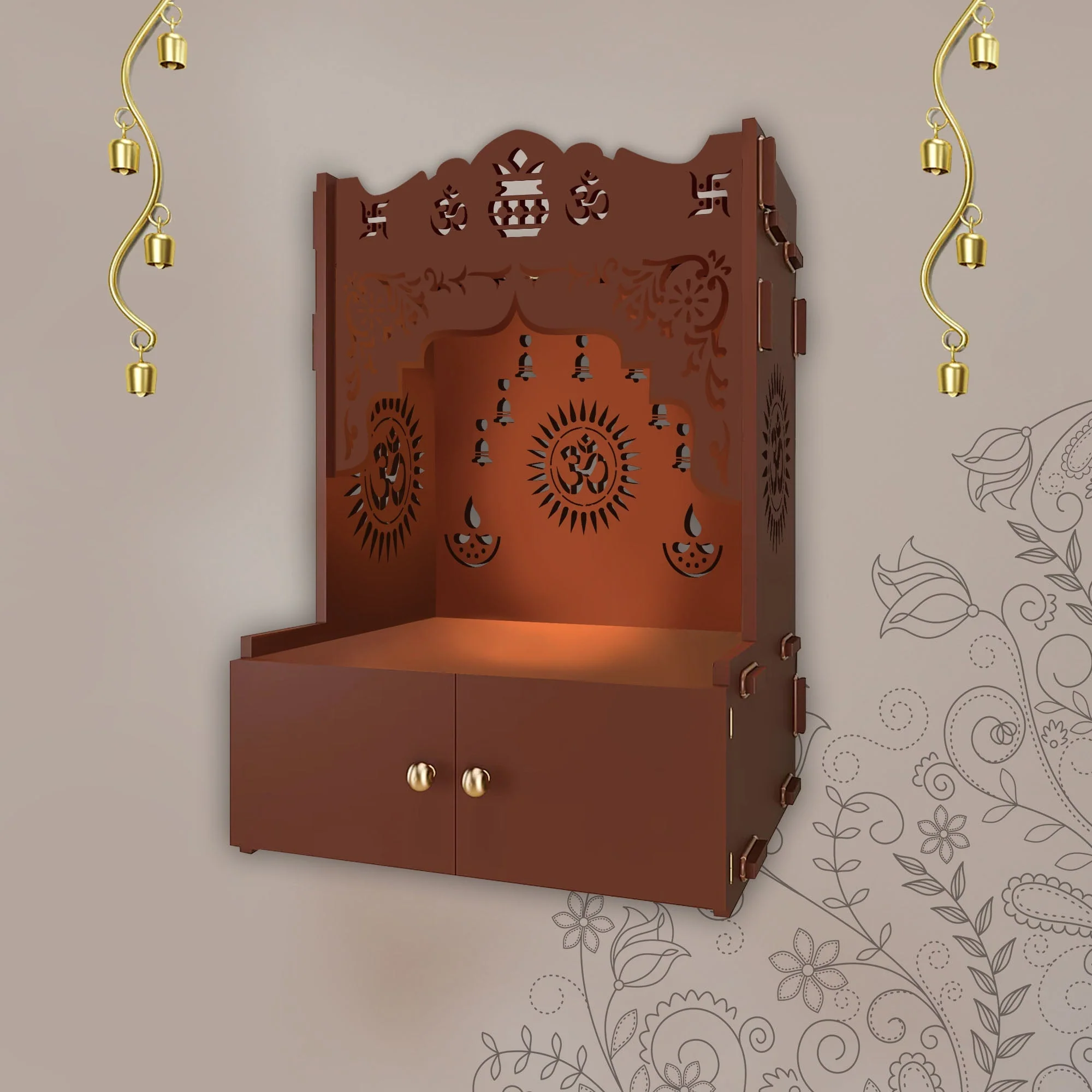 Designer Holy Symbol Om Brown Wood Temple with Inbuilt Focus Light & Spacious Shelf - Image 4