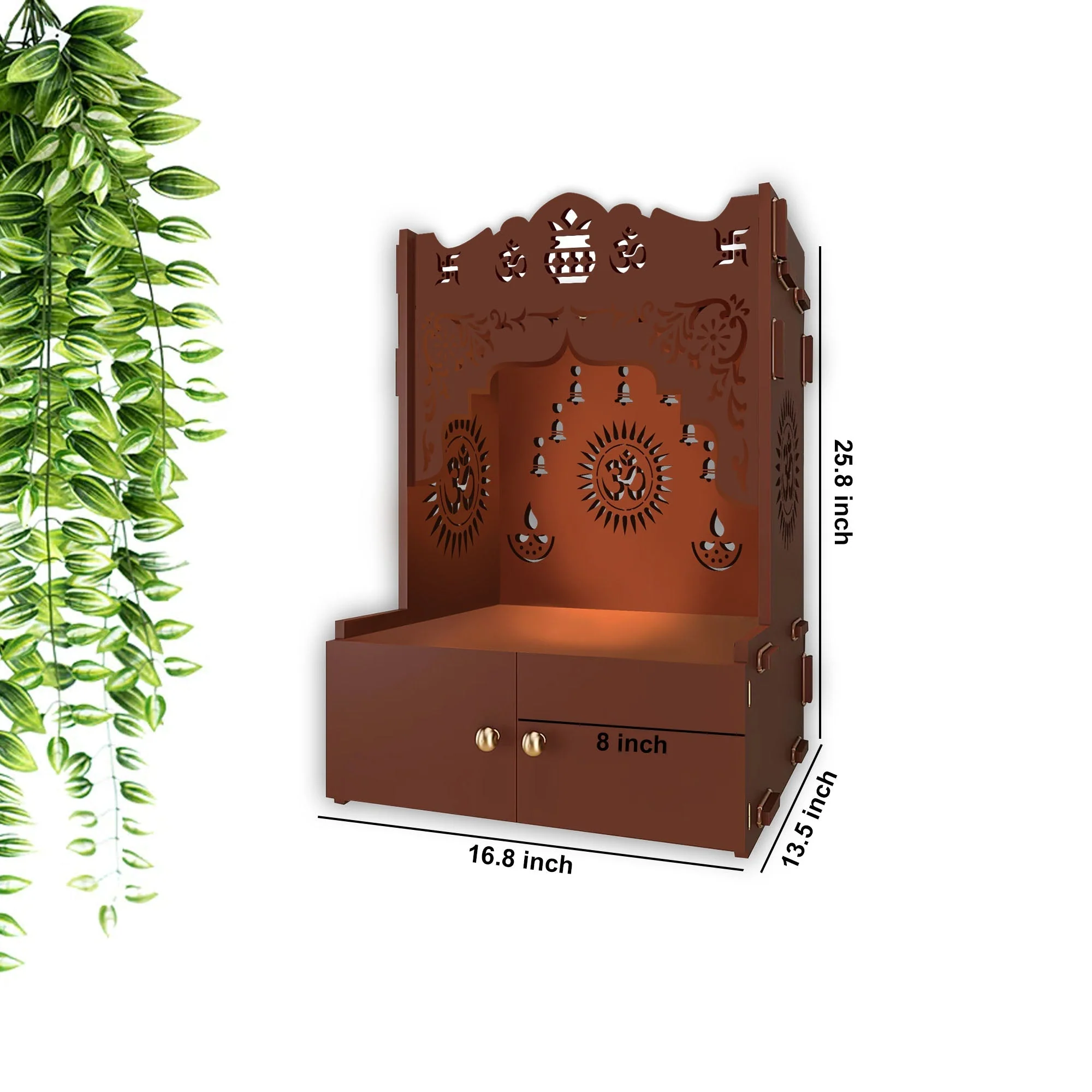 Designer Holy Symbol Om Brown Wood Temple with Inbuilt Focus Light & Spacious Shelf - Image 5