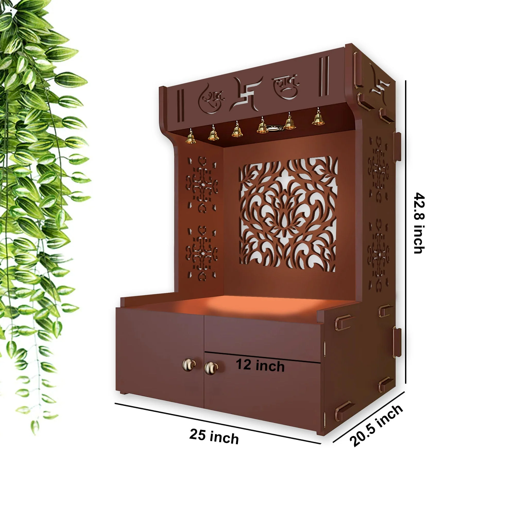 Designer Intricate Jali Design Pattern Floor Temple with Spacious Wooden Shelf & Inbuilt Focus Light- Brown Finish - Image 5