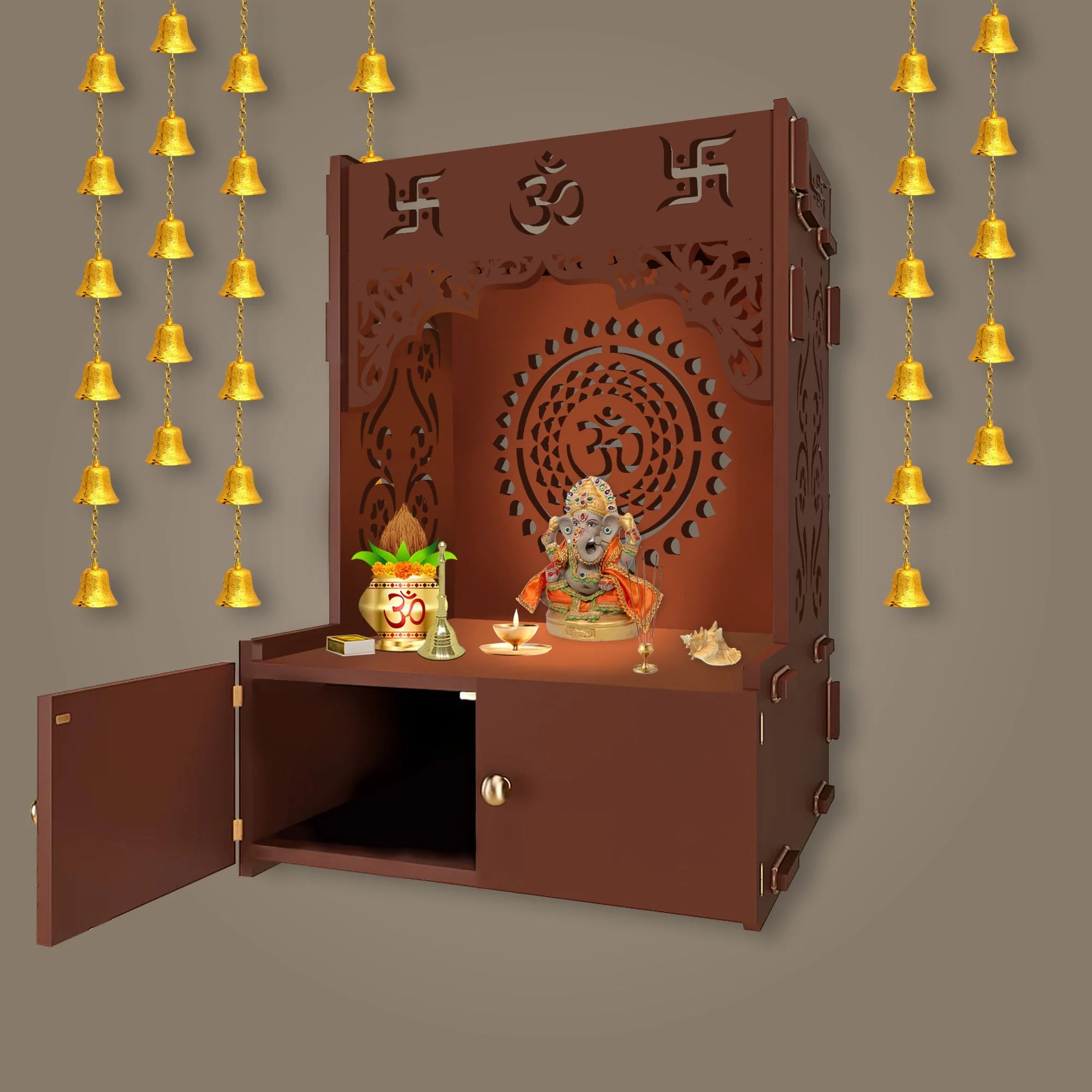 Designer Om Chakra Brown Wood Temple with Inbuilt Focus Light & Spacious Shelf - Image 3