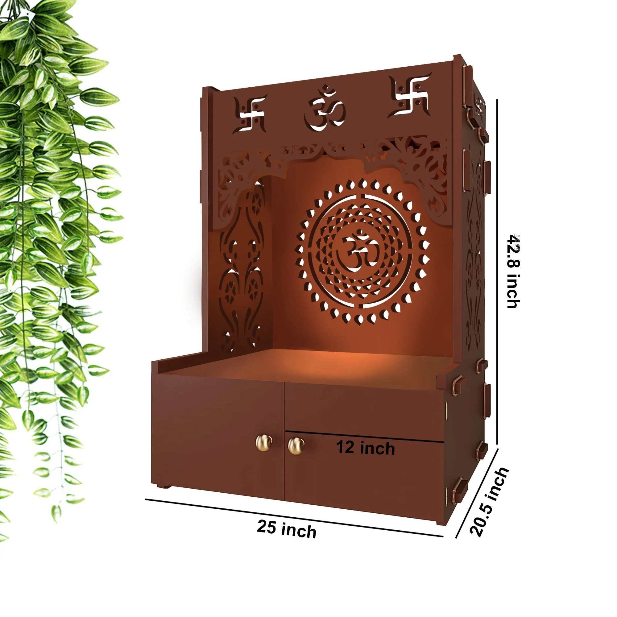 Designer Om Chakra Floor Temple with Spacious Wooden Shelf & Inbuilt Focus Light- Brown Finish - Image 5