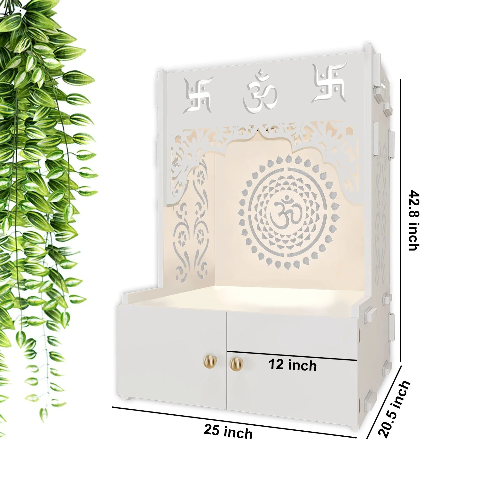 Designer Om Chakra Floor Temple with Spacious Wooden Shelf & Inbuilt Focus Light- White Finish - Image 4