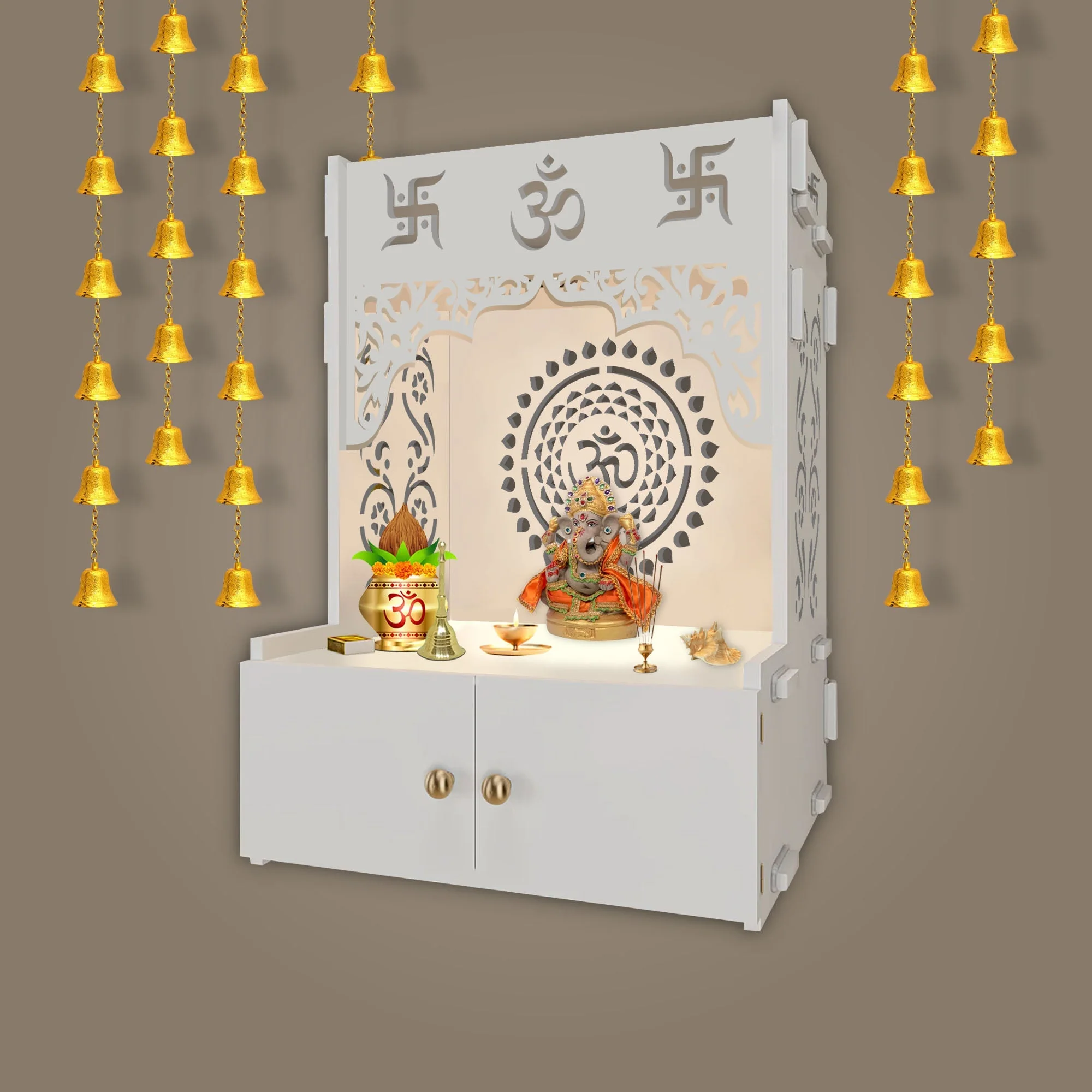 Designer Om Chakra White Wood Temple with Inbuilt Focus Light & Spacious Shelf - Image 2