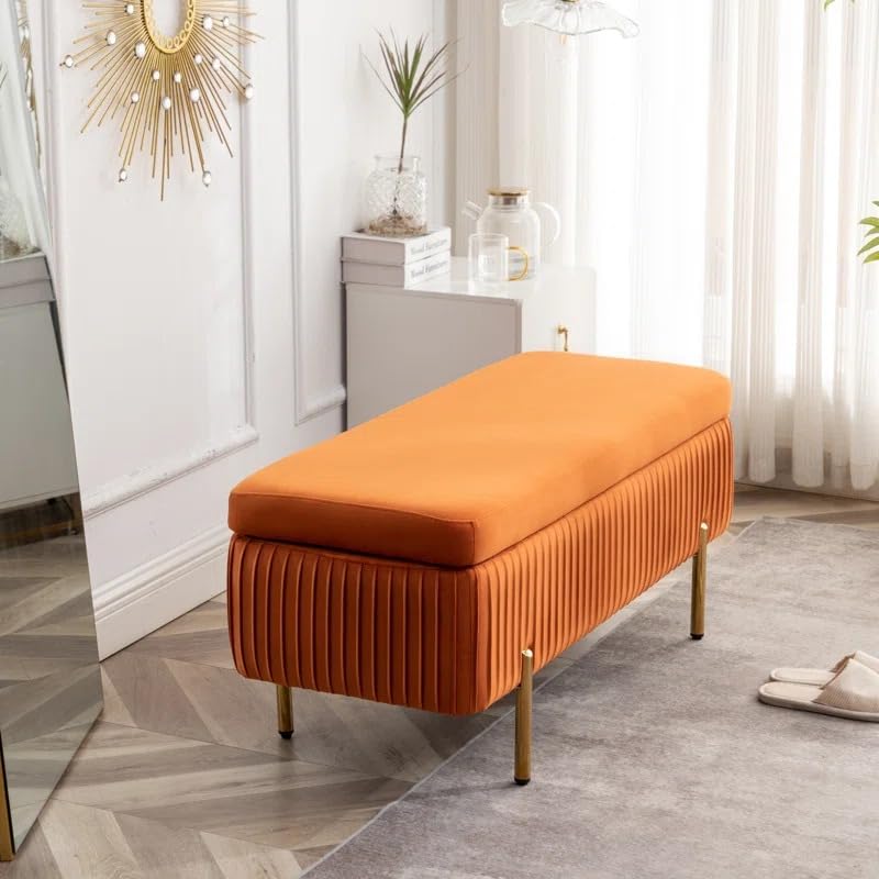 Designer Orange Velvet Bench with Smart Storage Ottoman - Image 2