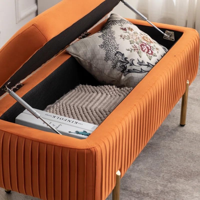 Designer Orange Velvet Bench with Smart Storage Ottoman - Image 6