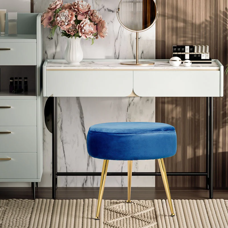 Designer Rich Blue Velvet Vanity Seat with Sturdy Golden Legs - Image 2