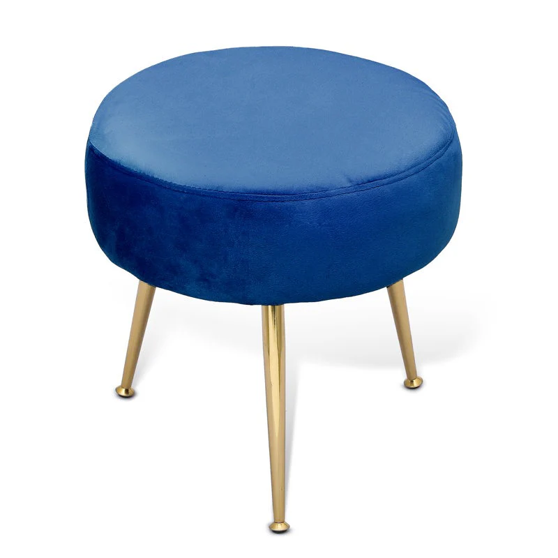 Designer Rich Blue Velvet Vanity Seat with Sturdy Golden Legs - Image 3