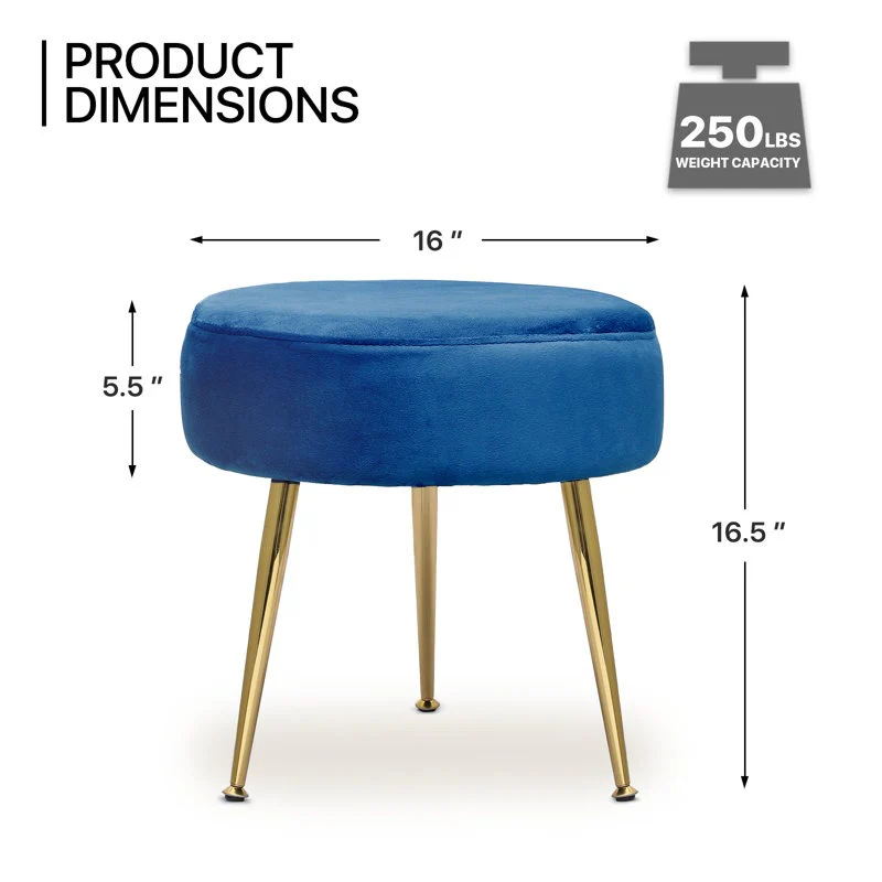 Designer Rich Blue Velvet Vanity Seat with Sturdy Golden Legs - Image 4