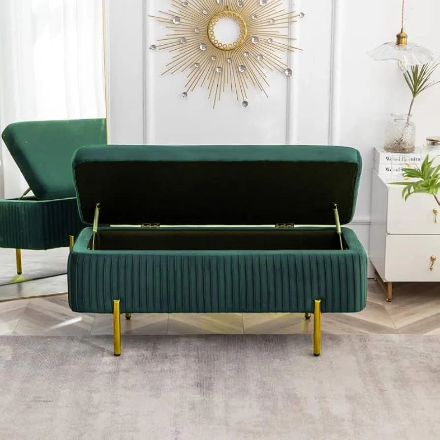 Designer Rich Green Velvet Bench with Smart Storage Ottoman - Image 2