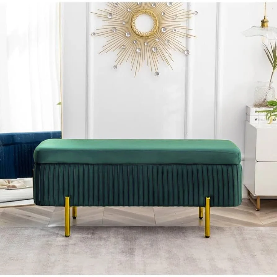 Designer Rich Green Velvet Bench with Smart Storage Ottoman - Image 4