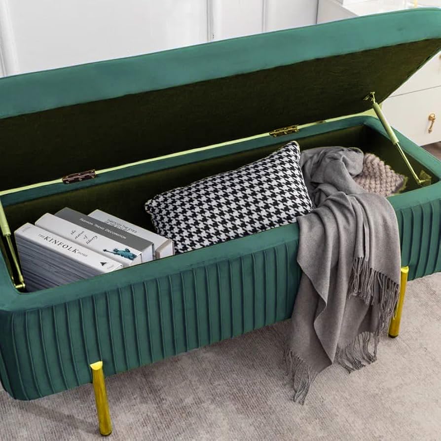 Designer Rich Green Velvet Bench with Smart Storage Ottoman - Image 5