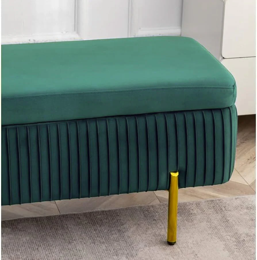 Designer Rich Green Velvet Bench with Smart Storage Ottoman - Image 6