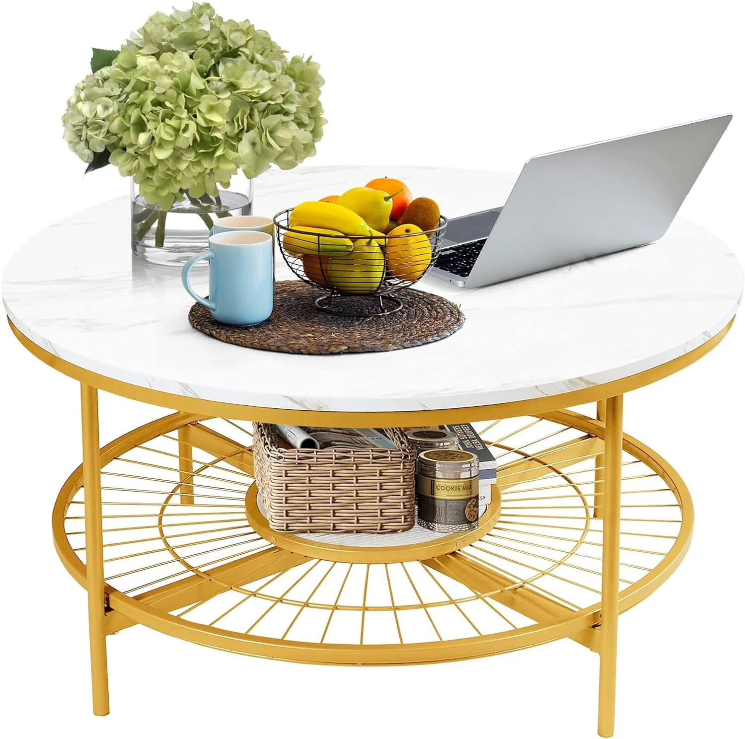 Designer Round Modern Center Table with White Marble Golden Metal Finish - Image 5