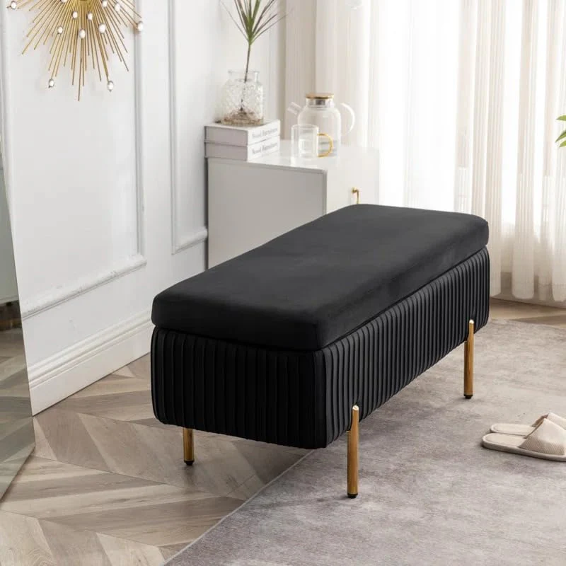 Designer Royal Black Velvet Bench with Smart Storage Ottoman - Image 2