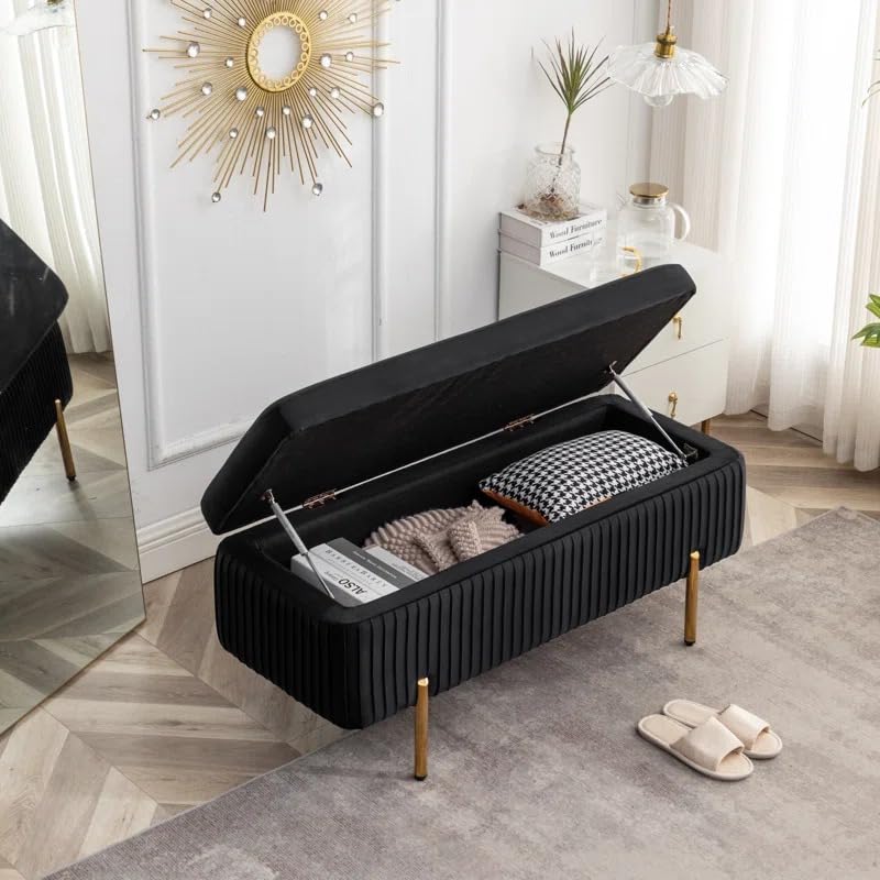 Designer Royal Black Velvet Bench with Smart Storage Ottoman - Image 3