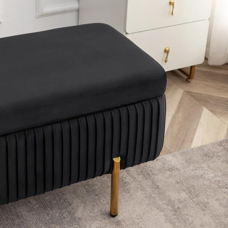 Designer Royal Black Velvet Bench with Smart Storage Ottoman - Image 4