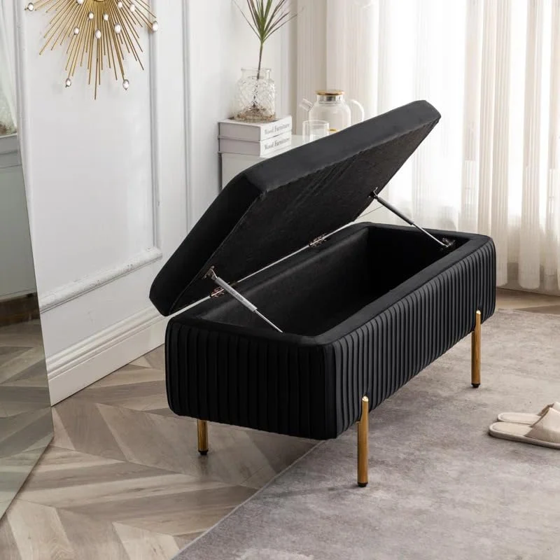 Designer Royal Black Velvet Bench with Smart Storage Ottoman - Image 5