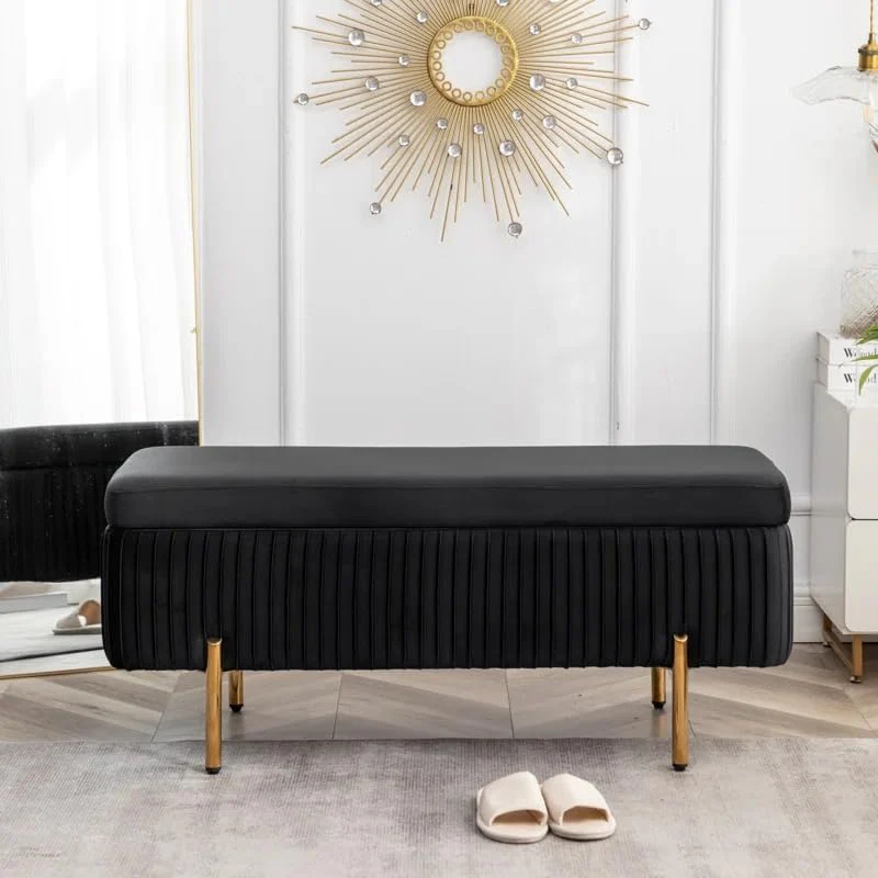 Designer Royal Black Velvet Bench with Smart Storage Ottoman - Image 6