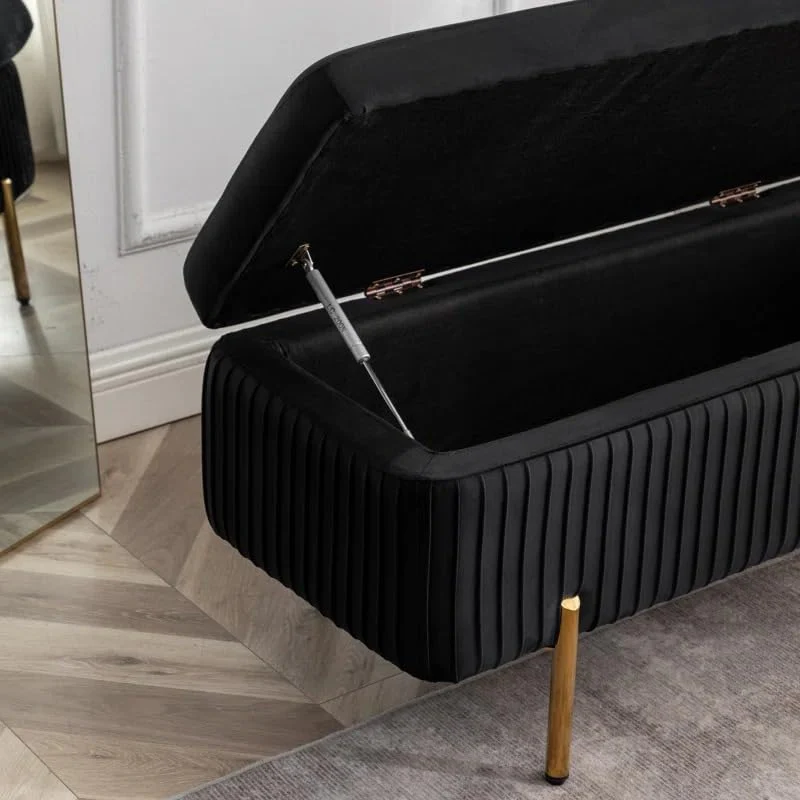Designer Royal Black Velvet Bench with Smart Storage Ottoman - Image 7