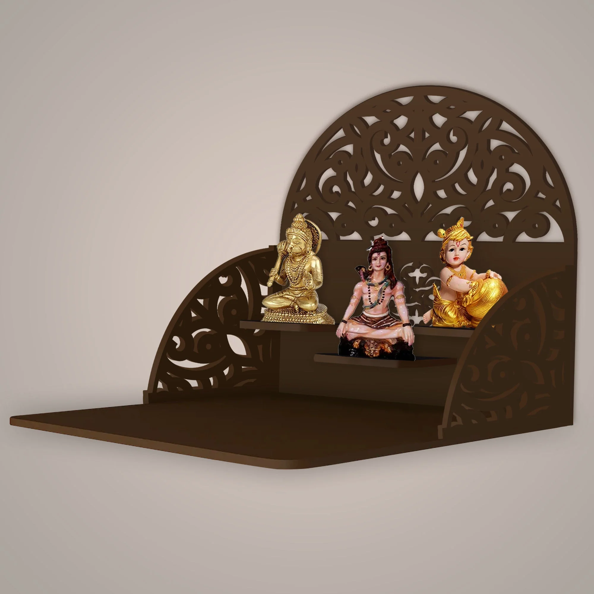 Designer Semi Circle Shaped Wall Hanging Wooden Temple/ Pooja Mandir Design with Shelf, Brown Color - Image 2