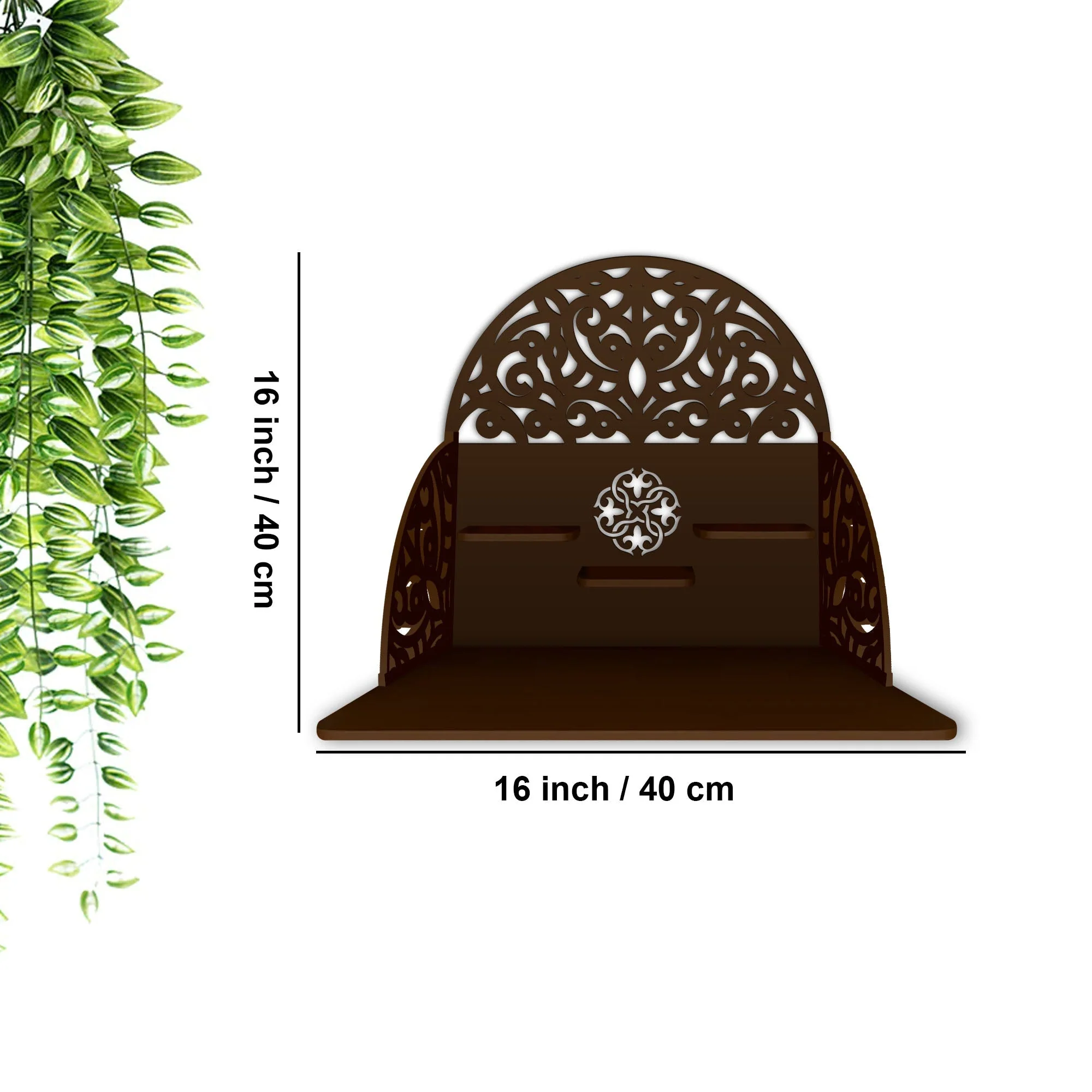 Designer Semi Circle Shaped Wall Hanging Wooden Temple/ Pooja Mandir Design with Shelf, Brown Color - Image 3
