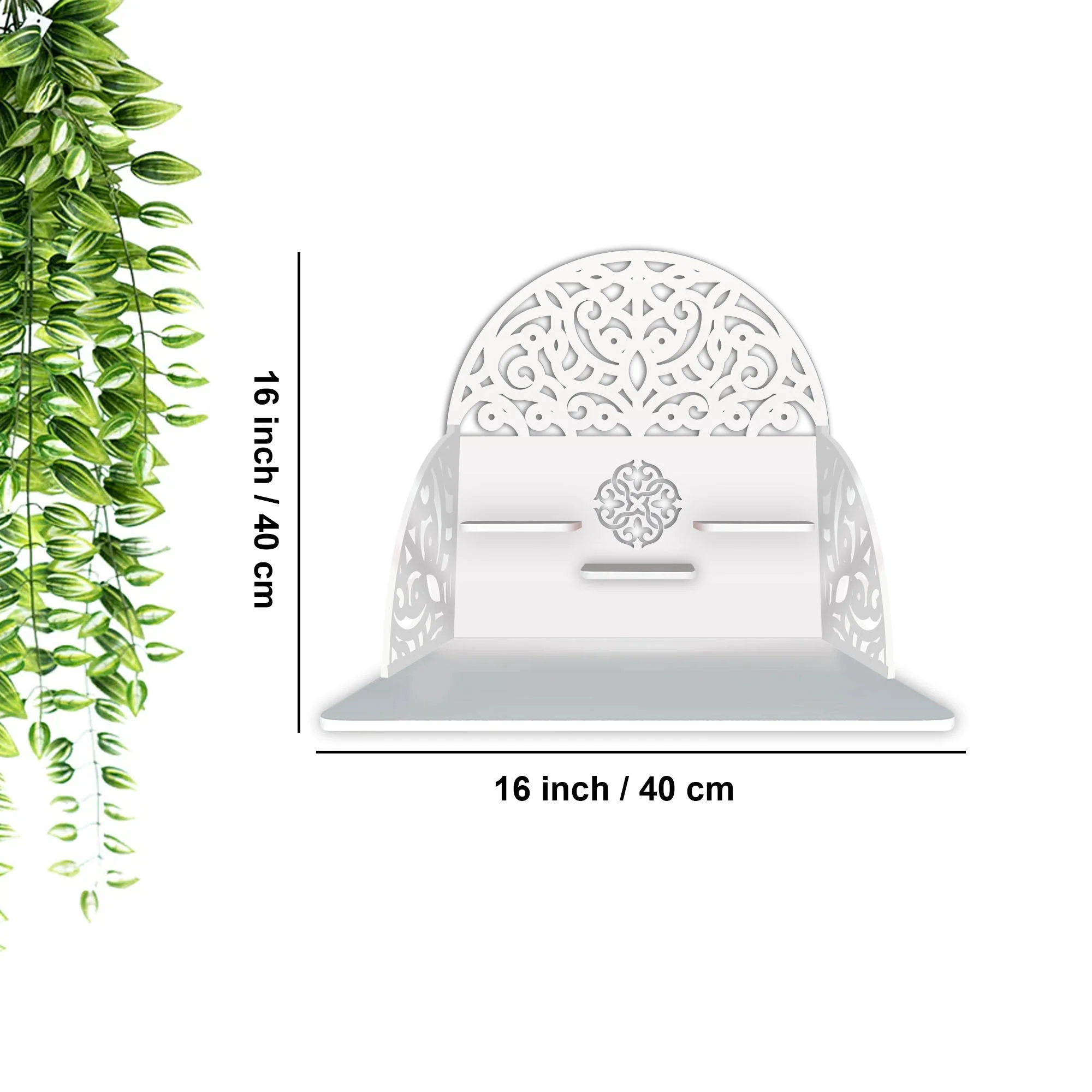 Designer Semi Circle Shaped Wall Hanging Wooden Temple/ Pooja Mandir Design with Shelf, White Color - Image 3