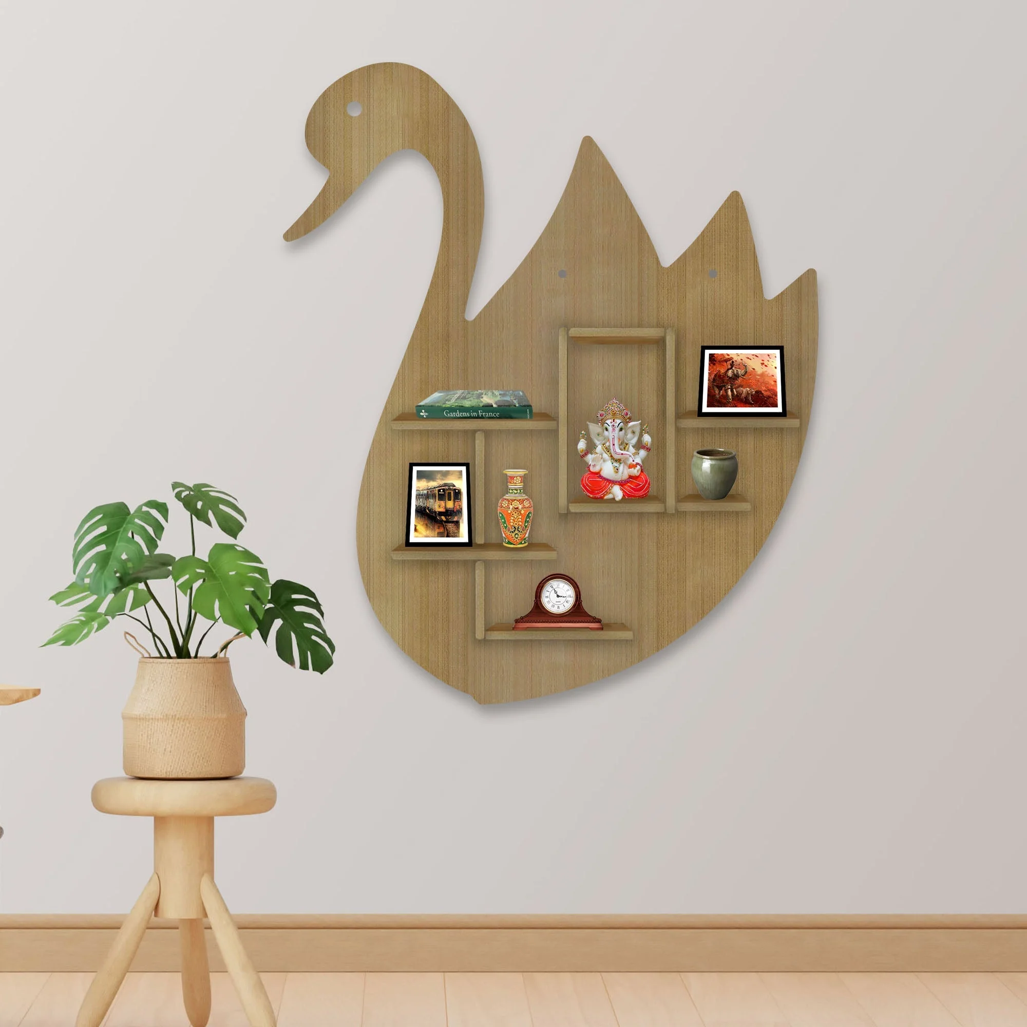 Designer Swan Shape Backlit Wooden LED Light Wall Shelf with Oak Finish - Image 2