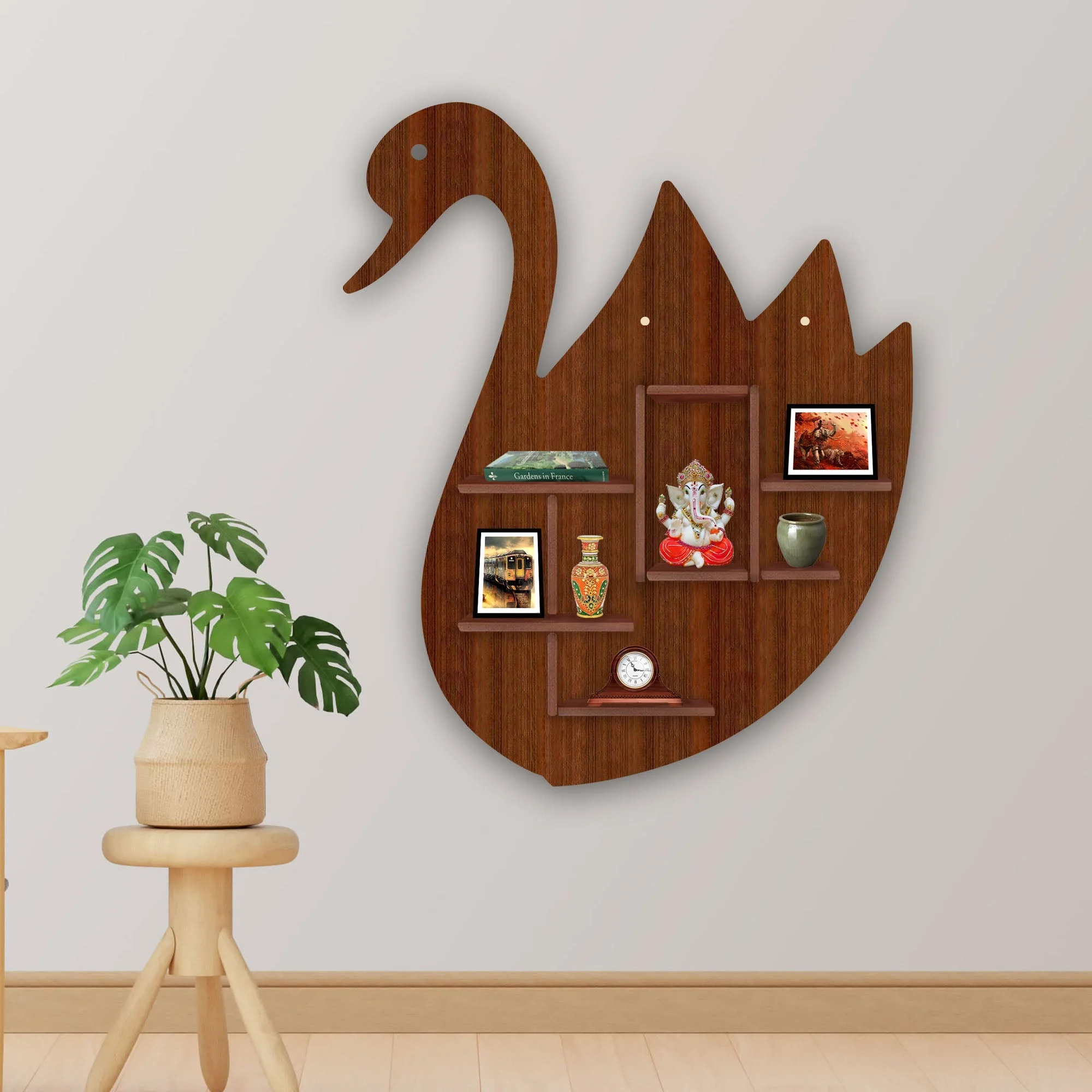 Designer Swan Shape Backlit Wooden LED Light Wall Shelf with Walnut Finish - Image 3