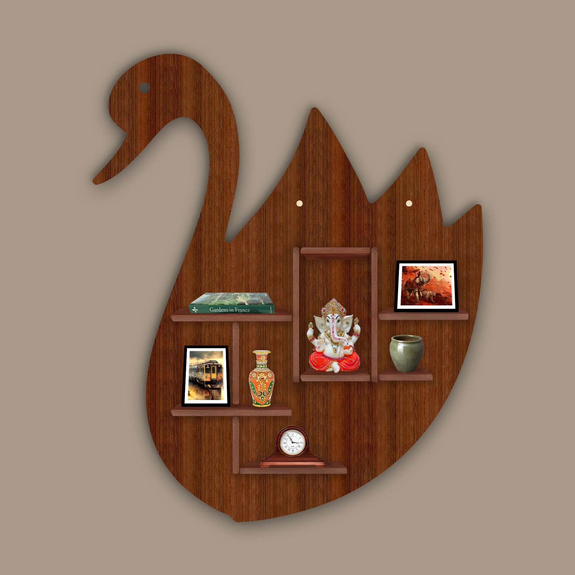 Designer Swan Shape Backlit Wooden LED Light Wall Shelf with Walnut Finish - Image 4