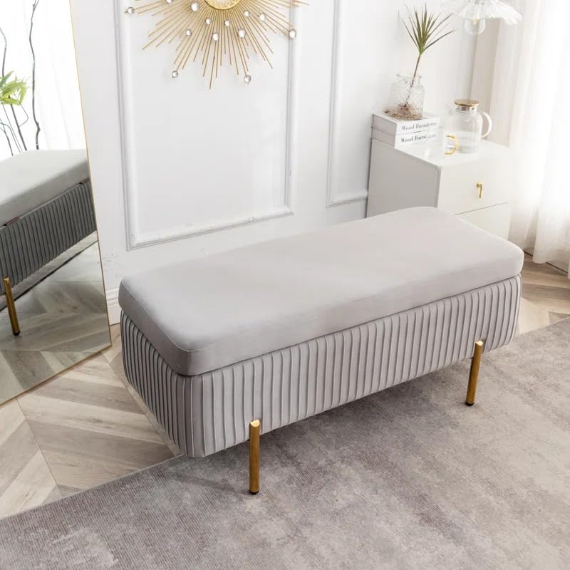 Designer Rich Grey Velvet Bench with Smart Storage Ottoman - Image 2