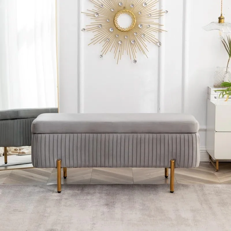 Designer Rich Grey Velvet Bench with Smart Storage Ottoman - Image 3